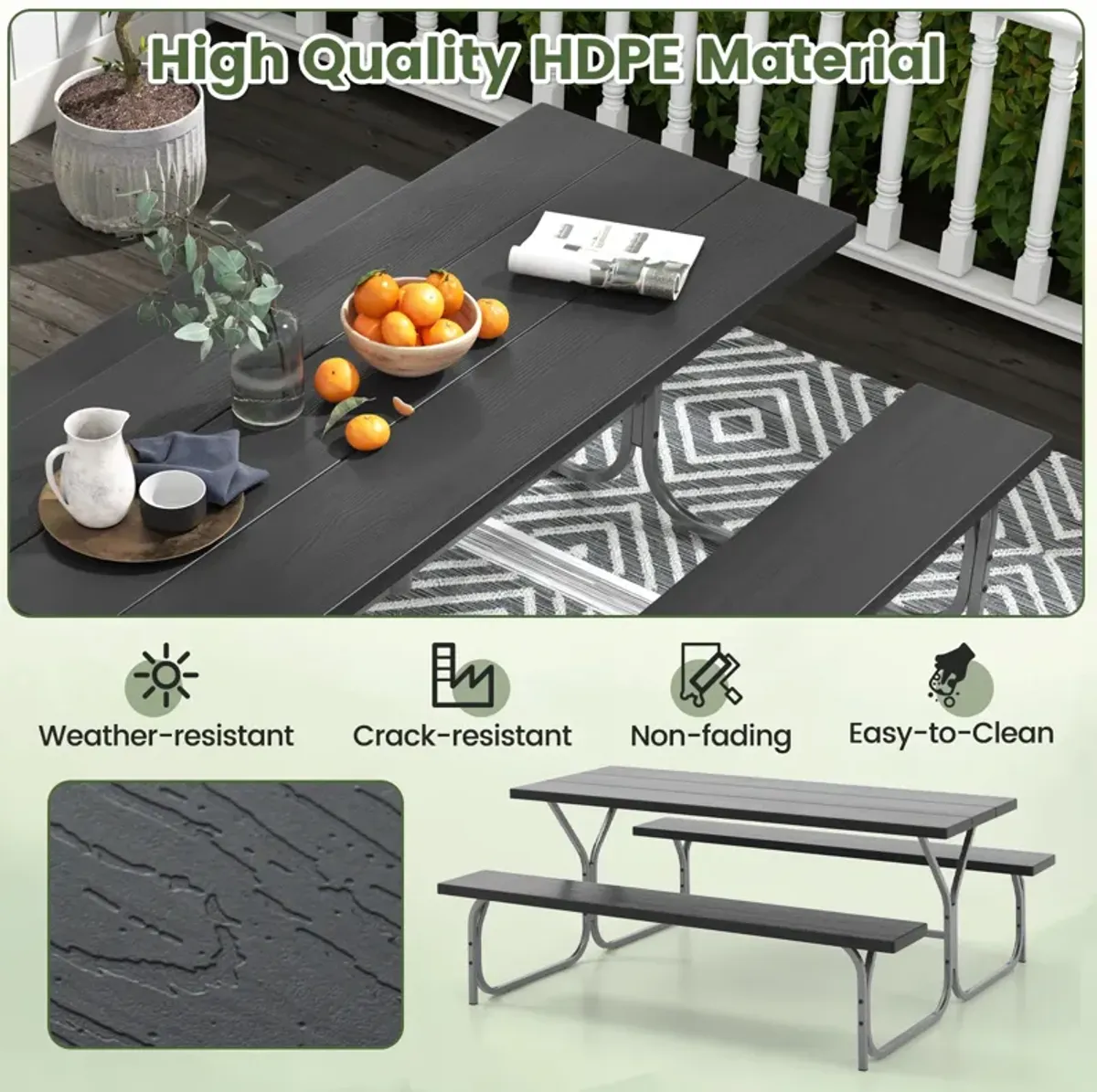 6 Feet Picnic Table Bench Set with HDPE Tabletop for 8 Person