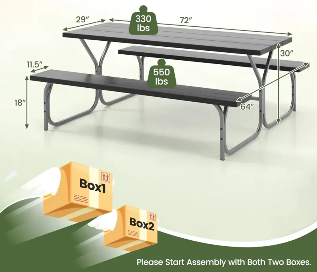 6 Feet Picnic Table Bench Set with HDPE Tabletop for 8 Person