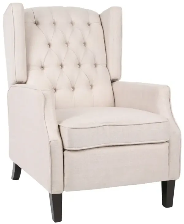 Pushback Recliner Chair, Strutted Legs, Beige Tufted Pleated Fabric - Benzara