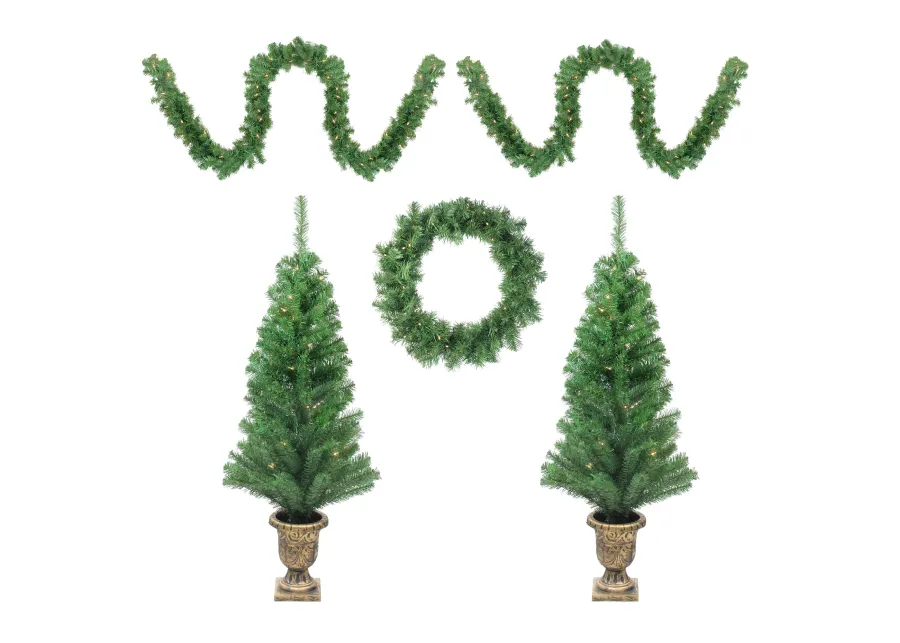 5-Piece Pre-Lit Artificial Winter Spruce Christmas Trees  Wreath and Garland Set - Clear Lights