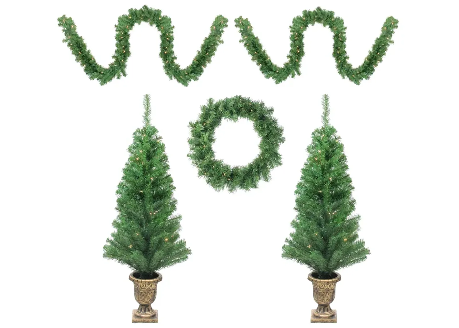 5-Piece Pre-Lit Artificial Winter Spruce Christmas Trees  Wreath and Garland Set - Clear Lights