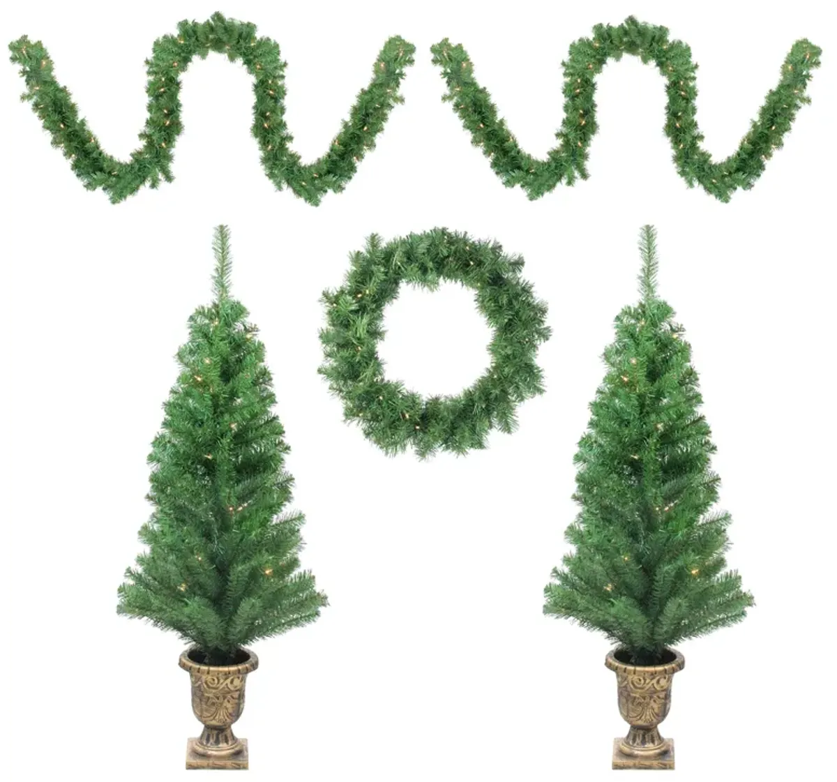 5-Piece Pre-Lit Artificial Winter Spruce Christmas Trees  Wreath and Garland Set - Clear Lights