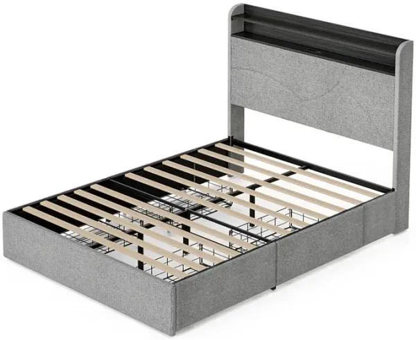 BELLEZE Queen Bed Frame with 4 Drawers, Storage Headboard & Charging Station, Bed Frame with LED Lights, Platform Bed Frame Queen Size with Storage, No Box Spring Needed - Cove (Grey)