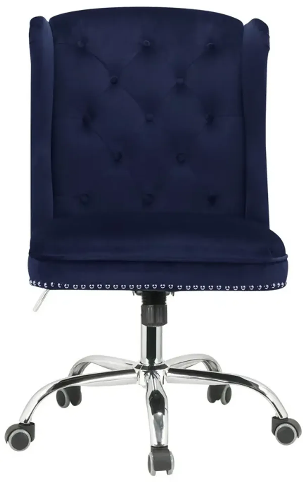 Velvet Upholstered Armless Swivel and Adjustable Tufted Office Chair, Blue-Benzara