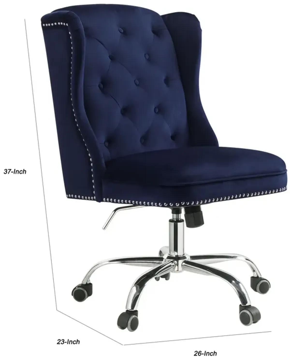 Velvet Upholstered Armless Swivel and Adjustable Tufted Office Chair, Blue-Benzara