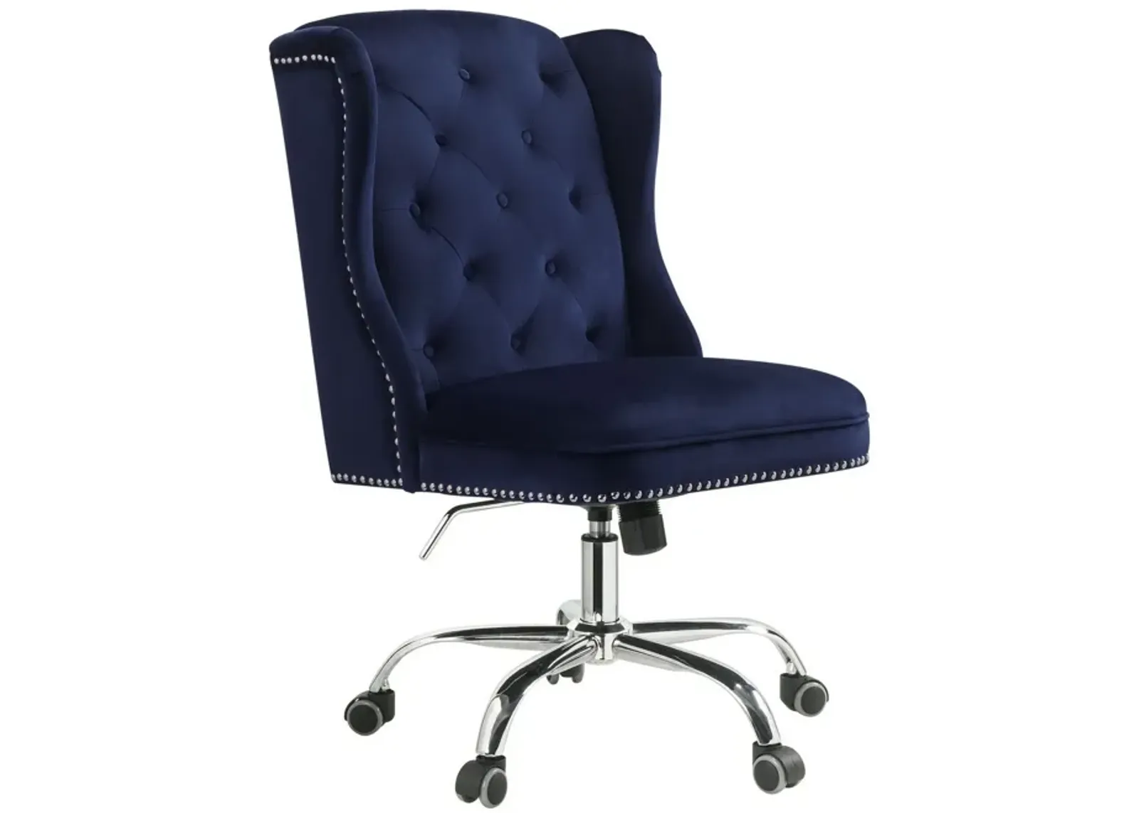 Velvet Upholstered Armless Swivel and Adjustable Tufted Office Chair, Blue-Benzara