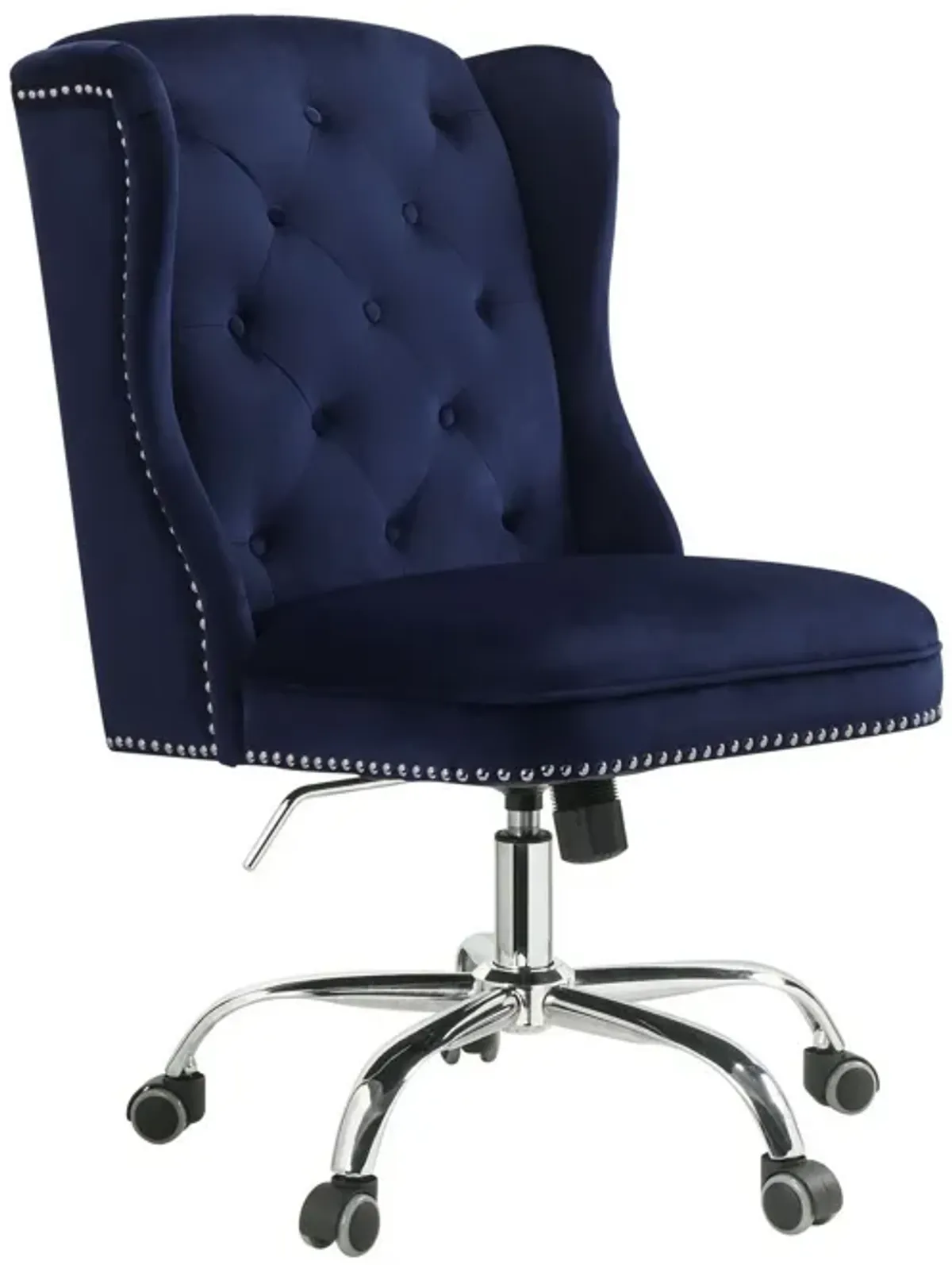 Velvet Upholstered Armless Swivel and Adjustable Tufted Office Chair, Blue-Benzara