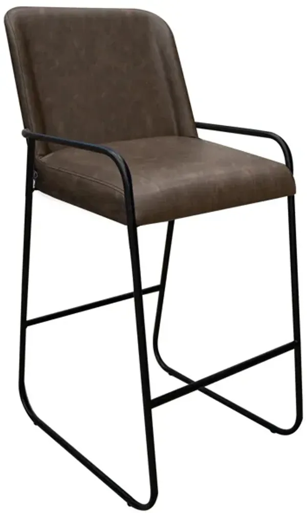 Suze Barstool Chair, Arched, Black Iron, Hickory Brown Performance Fabric  - Benzara