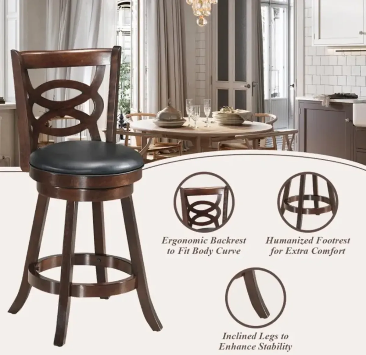 Hivvago 24/29 Inch Counter Height Upholstered Swivel Bar Stool with Cushion Seat