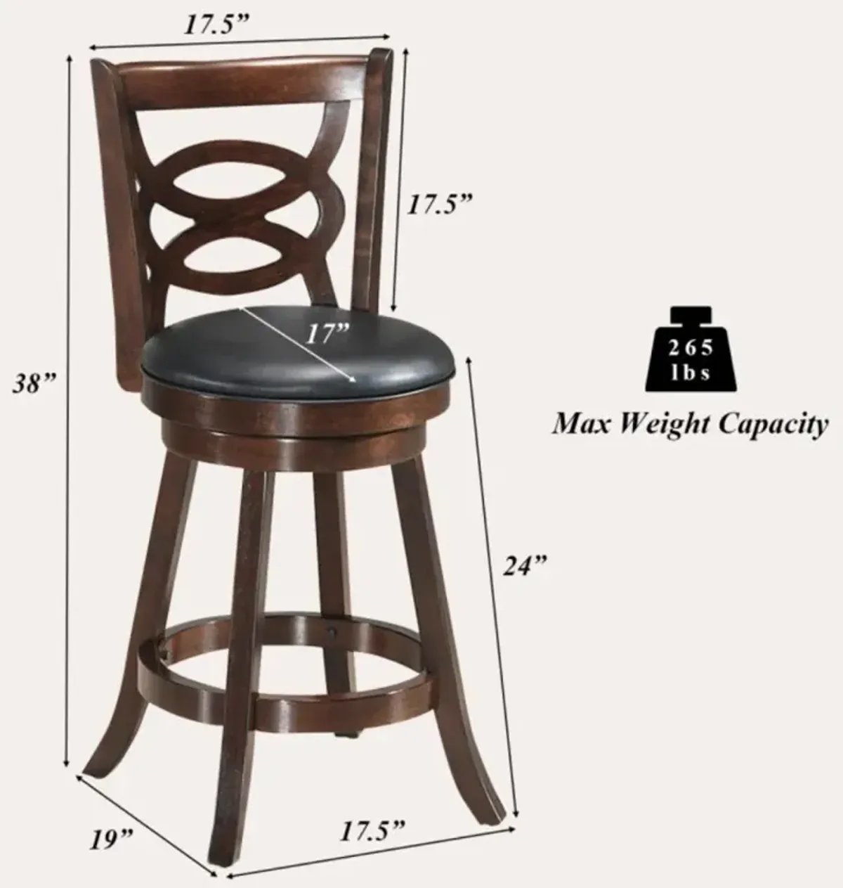 Hivvago 24/29 Inch Counter Height Upholstered Swivel Bar Stool with Cushion Seat