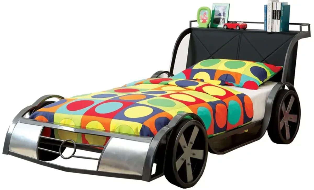 GT Racer Metal Twin size bed, Silver and Black-Benzara