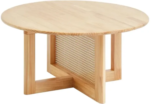 Round Rattan Woven Wood Mid Century Coffee Table with Rubber Wood Top