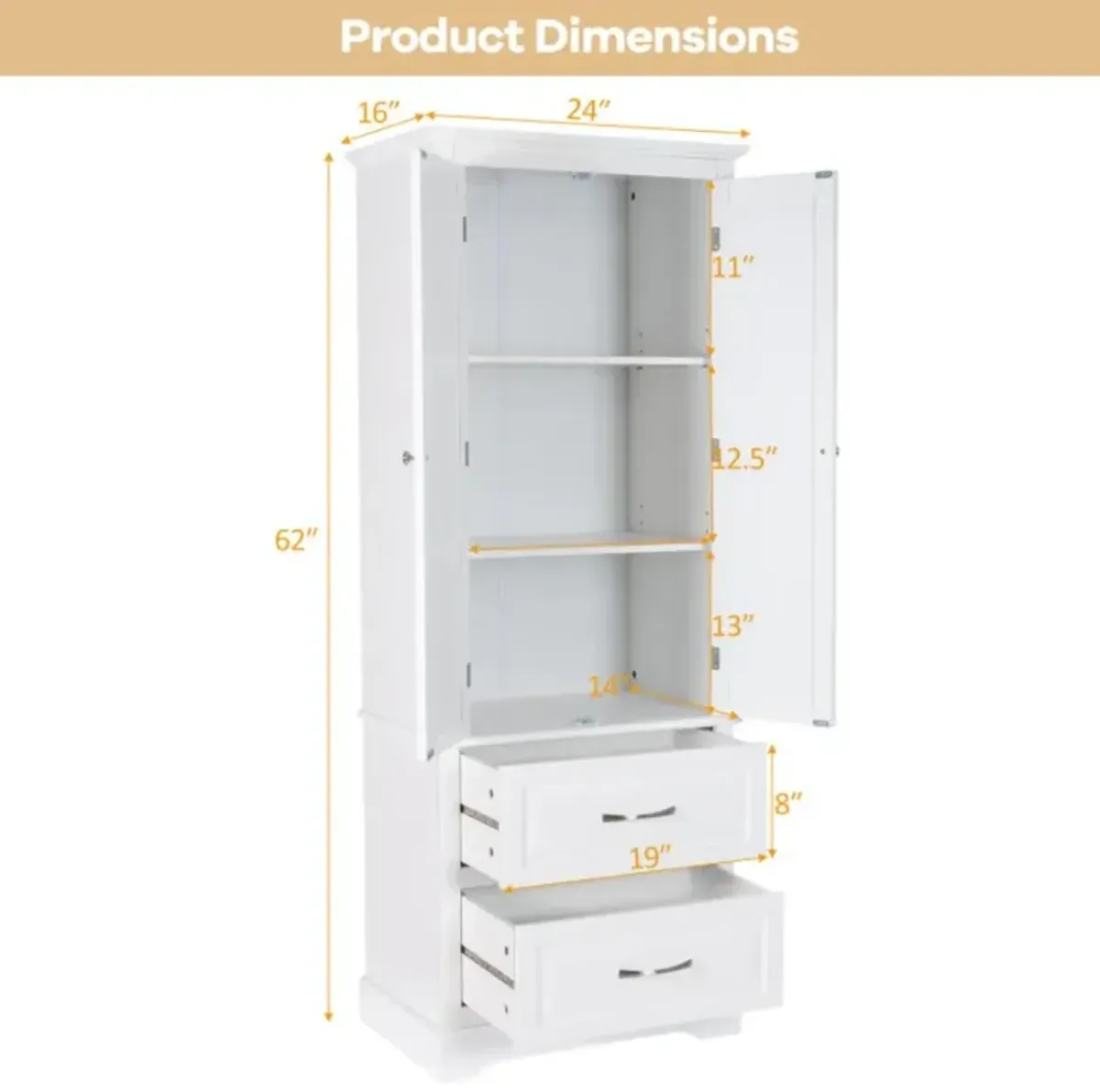 Hivvago 62 Inch Freestanding Bathroom Cabinet with Adjustable Shelves and 2 Drawers-White