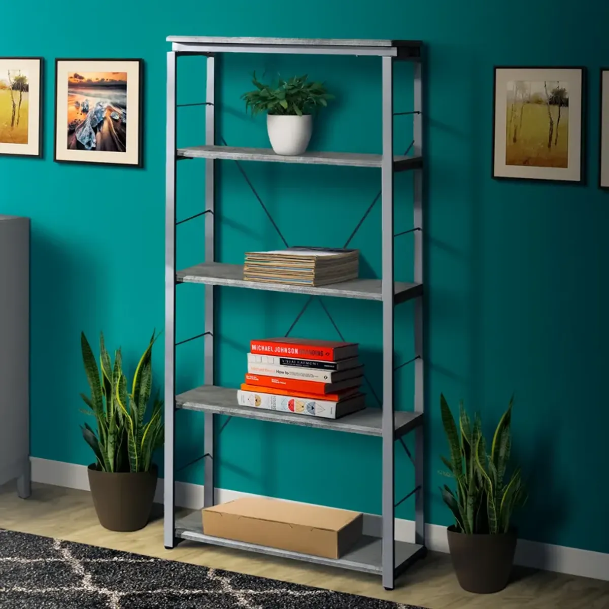 Industrial Bookshelf with 4 Shelves and Open Metal Frame, Silver and Gray-Benzara