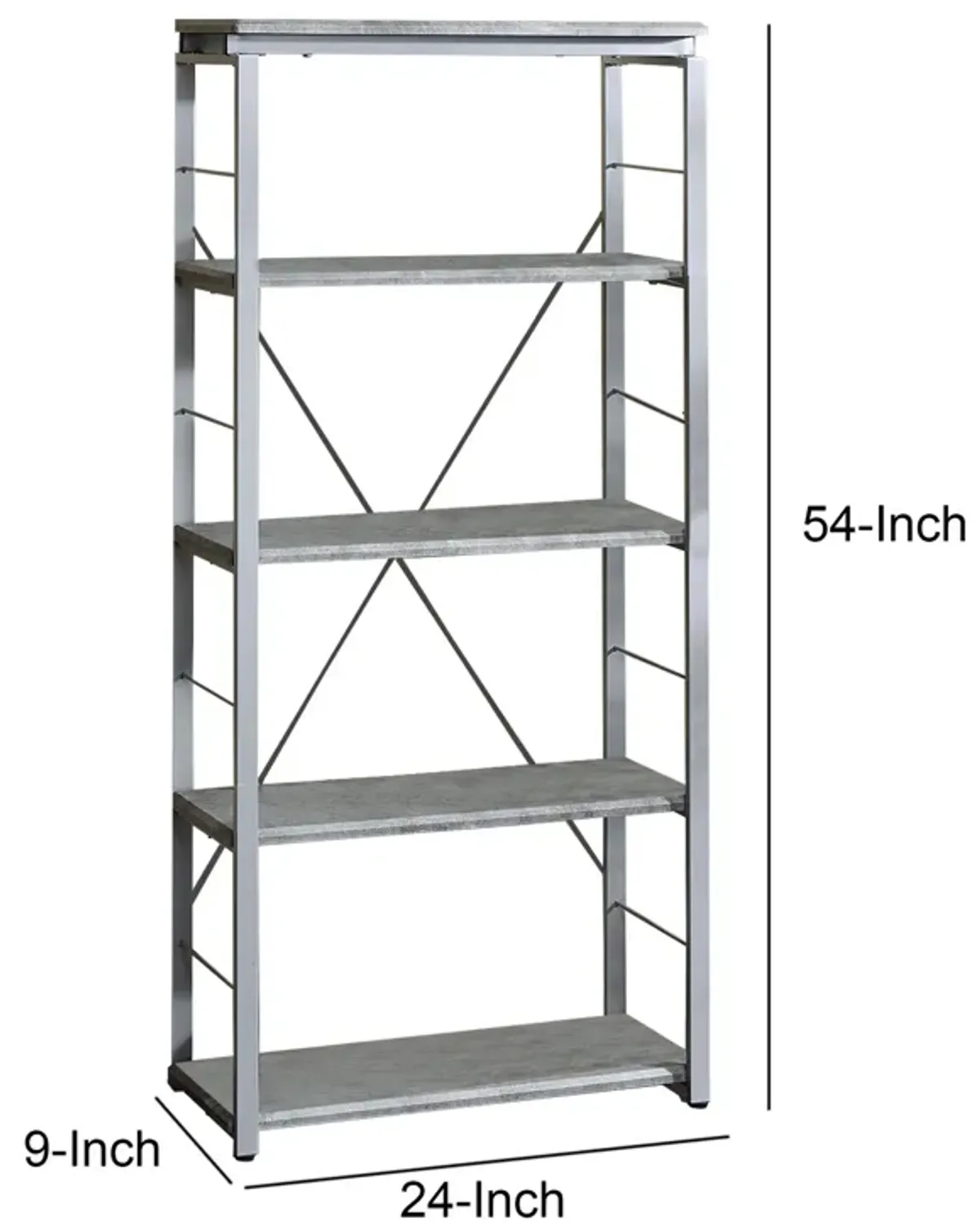 Industrial Bookshelf with 4 Shelves and Open Metal Frame, Silver and Gray-Benzara