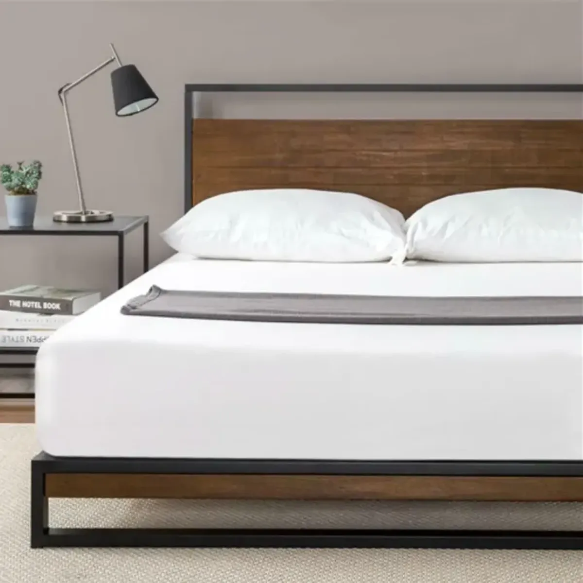 Hivvago Full size Metal Wood Platform Bed Frame with Headboard