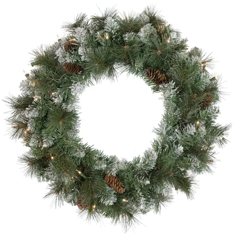 Pre-Lit Snow Valley Pine Artificial Christmas Wreath  24-Inch  Clear Lights