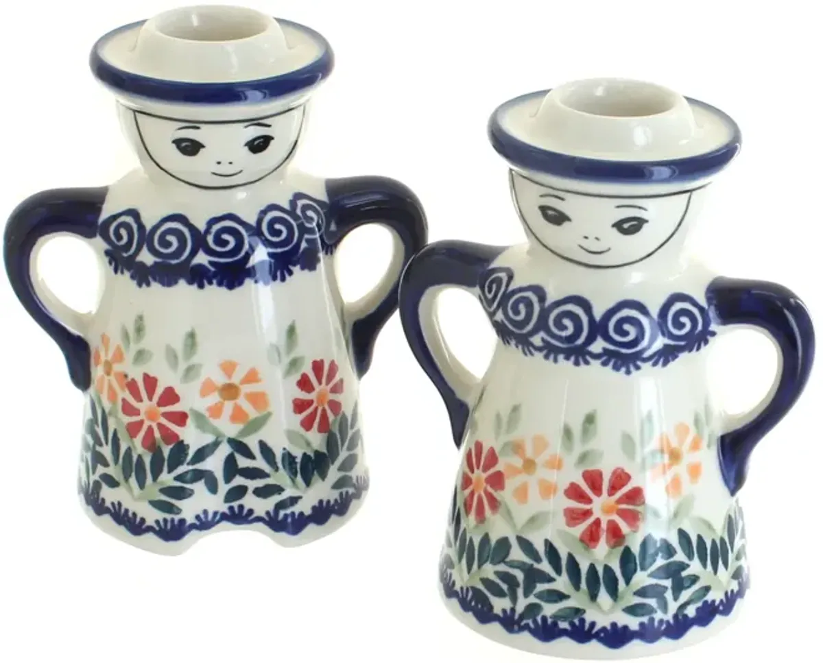 Blue Rose Polish Pottery Sunflower Lady & Man Candlestick Holders