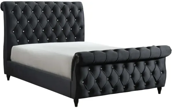Ellowen Queen Size Bed, Diamond Tufted Black Upholstery, Panel Headboard - Benzara