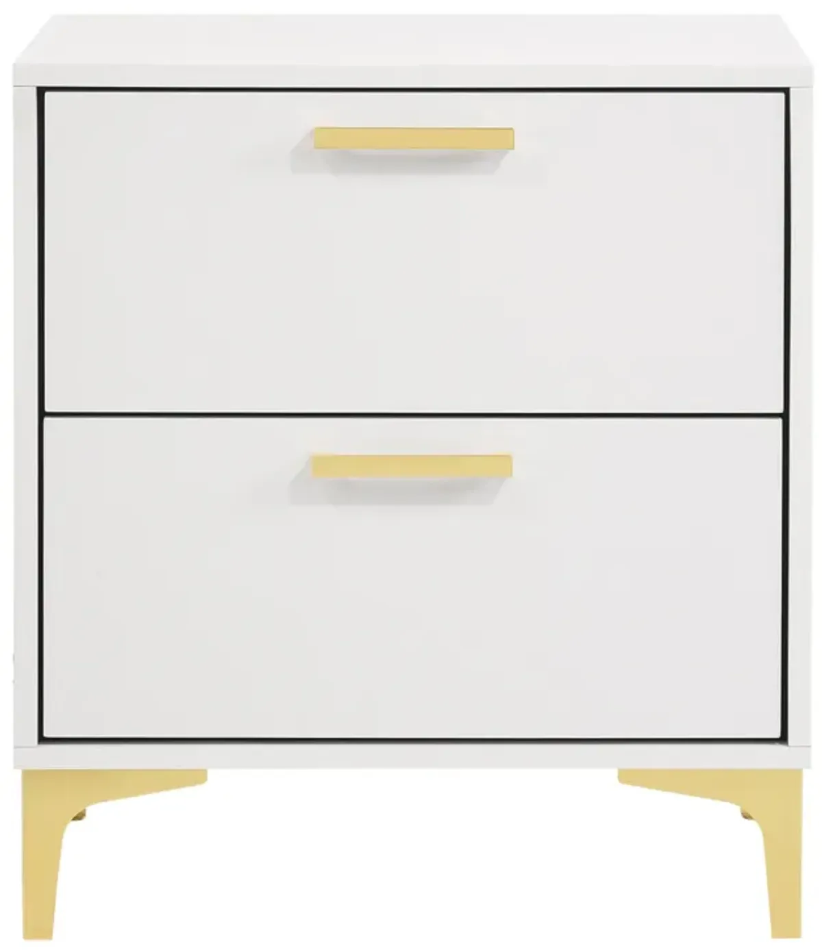 Lif 25 Inch Modern 2 Drawer Nightstand, Gold Metal Accents, Pure White-Benzara