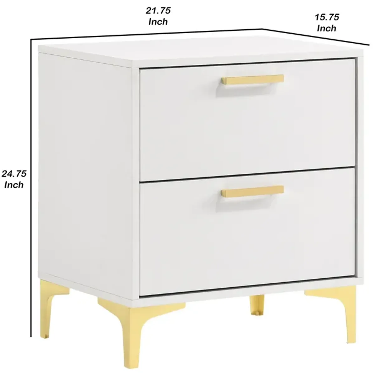 Lif 25 Inch Modern 2 Drawer Nightstand, Gold Metal Accents, Pure White-Benzara