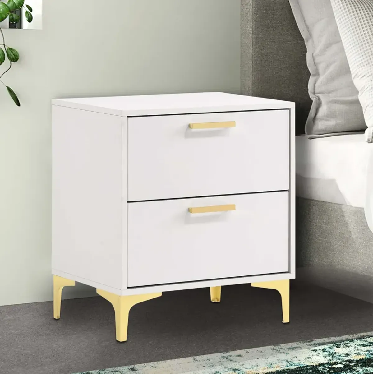 Lif 25 Inch Modern 2 Drawer Nightstand, Gold Metal Accents, Pure White-Benzara