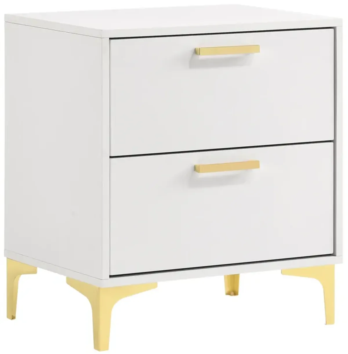 Lif 25 Inch Modern 2 Drawer Nightstand, Gold Metal Accents, Pure White-Benzara