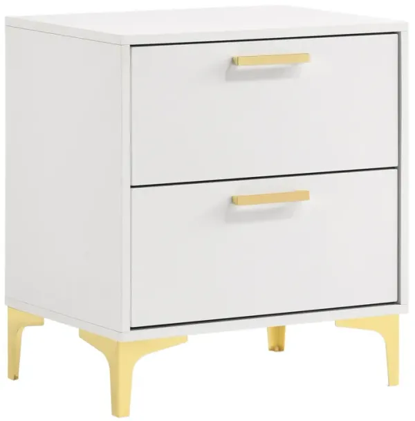 Lif 25 Inch Modern 2 Drawer Nightstand, Gold Metal Accents, Pure White - Benzara