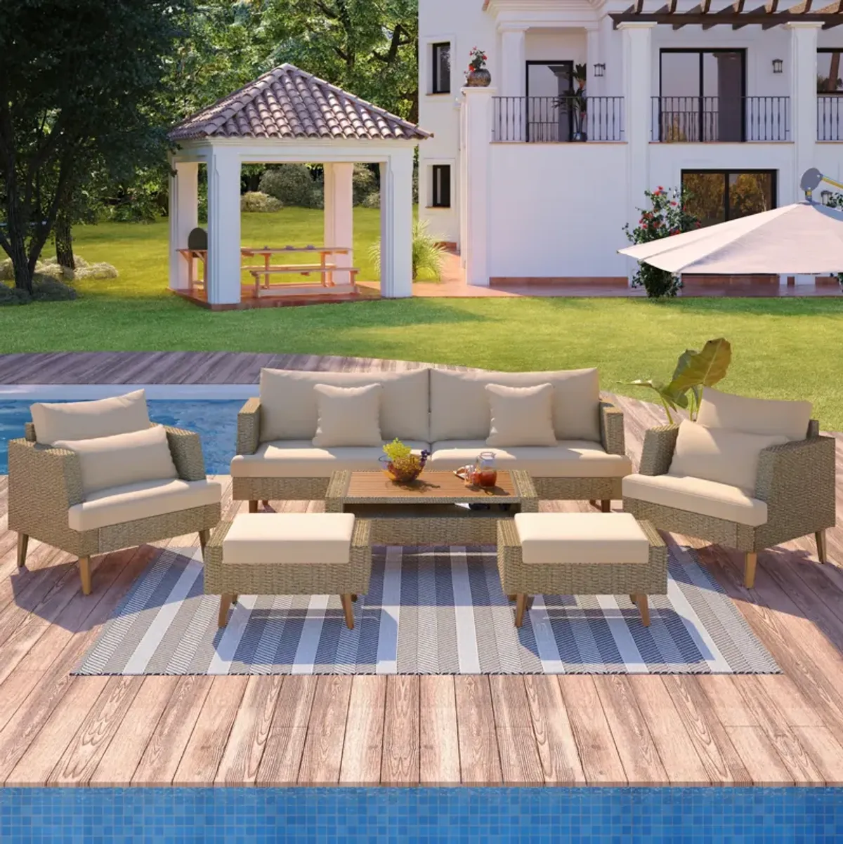 Whisen 6-Pieces All Weather PE Wicker Sofa Set, Outdoor Rattan sofa With Double Cushions