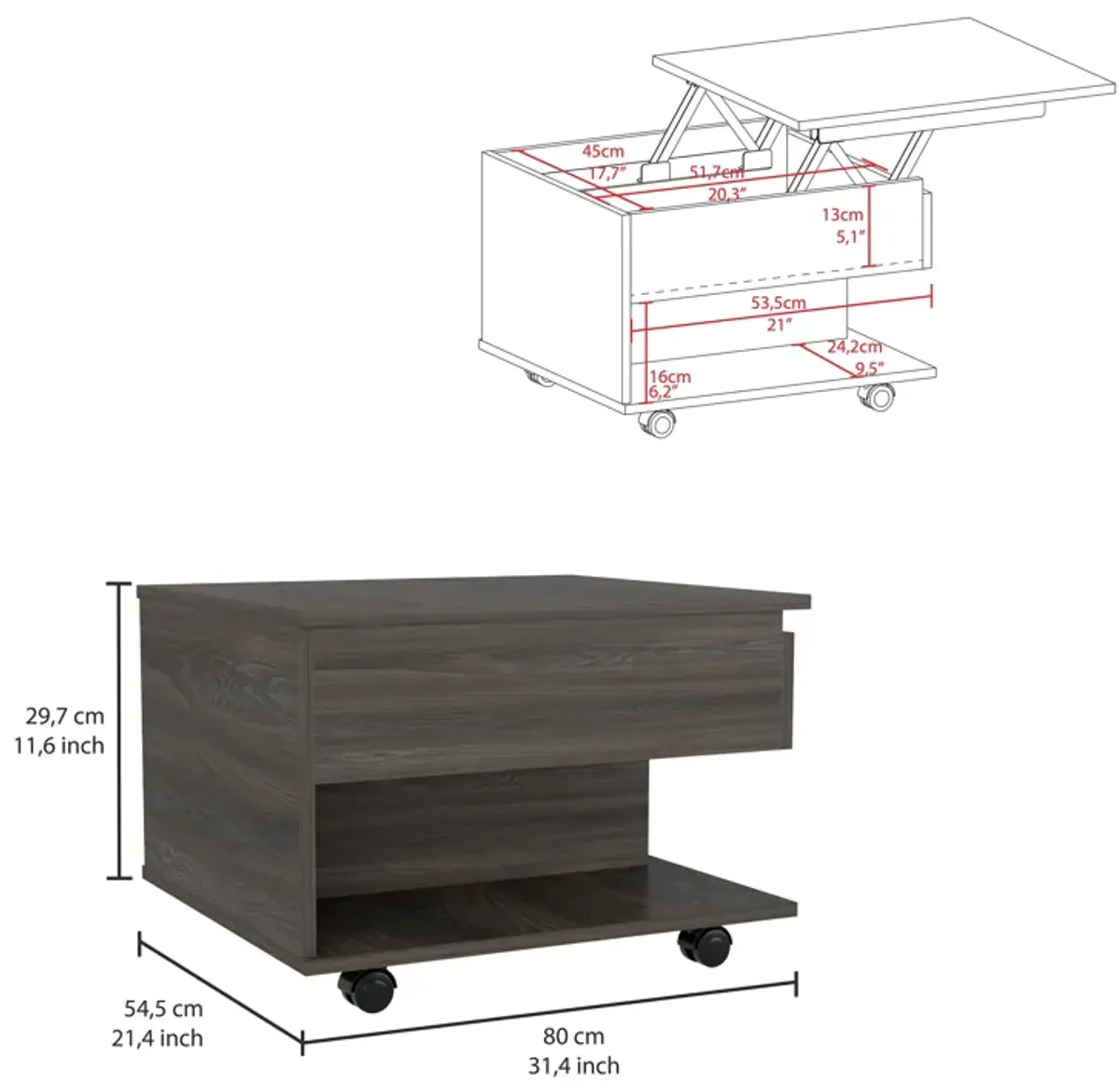 Luanda Lift Top Coffee Table, Casters, One Shelf -White