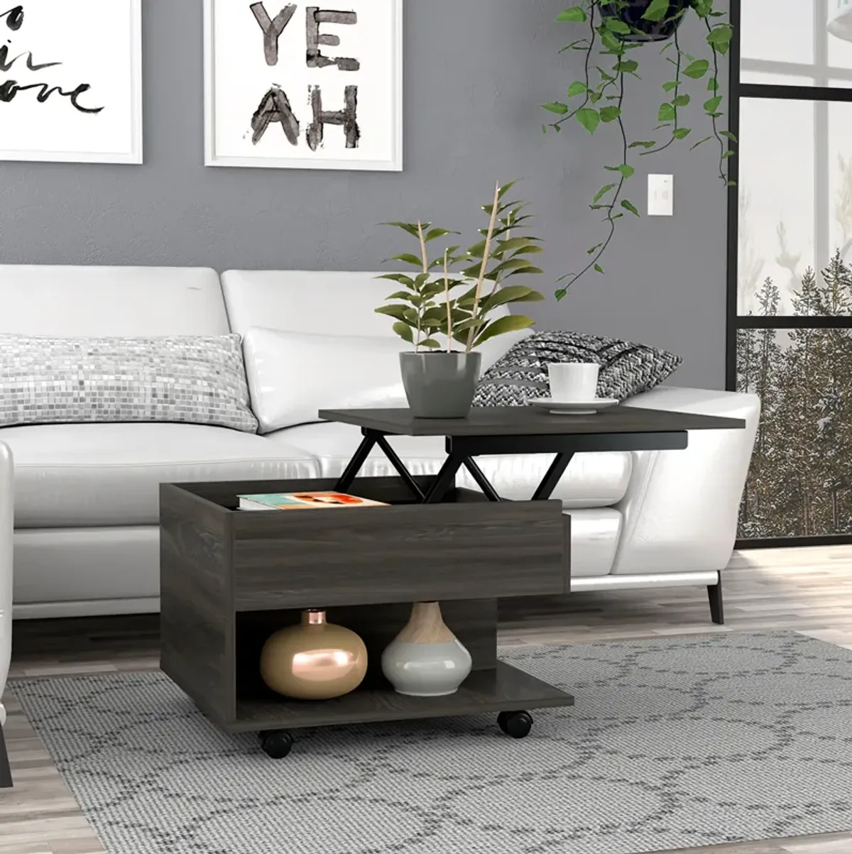 Luanda Lift Top Coffee Table, Casters, One Shelf -White