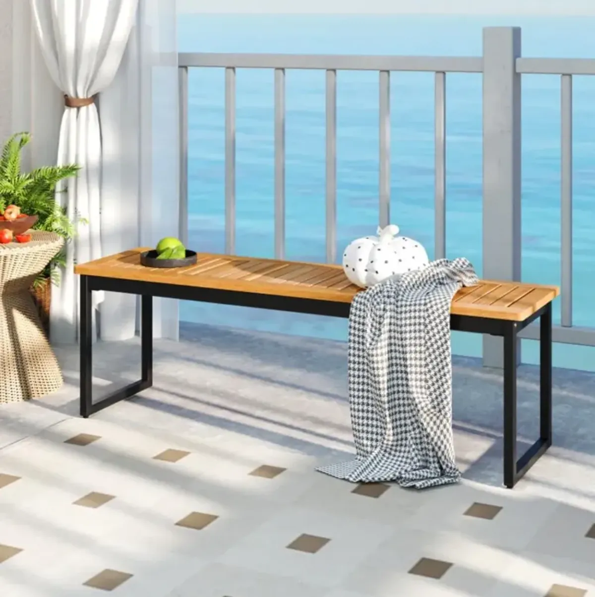 Hivvago Patio Dining Bench Backless with Slatted Seat and Metal Legs