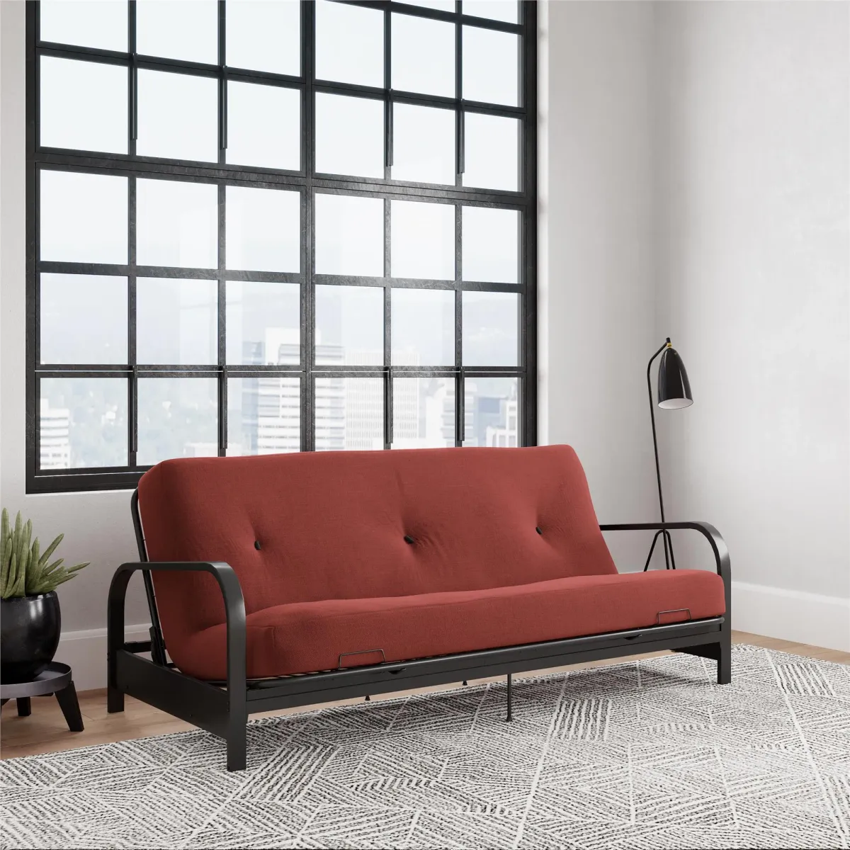 Atwater Living Max Black Metal Arm Full Size Futon Frame with 6” Thermobonded High Density Polyester Fill Futon Mattress