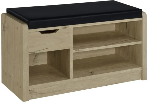 Aryn Storage Bench, Adjustable Shelf, Black Faux Leather, Oak Brown - Benzara