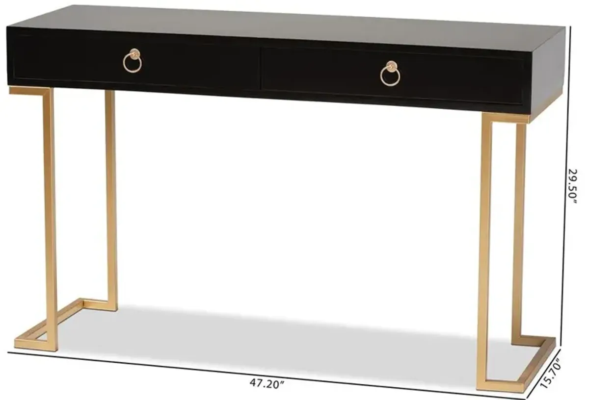 Black Finished Wood and Gold Metal 2-Drawer Console Table