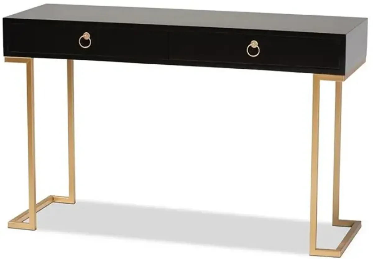 Black Finished Wood and Gold Metal 2-Drawer Console Table