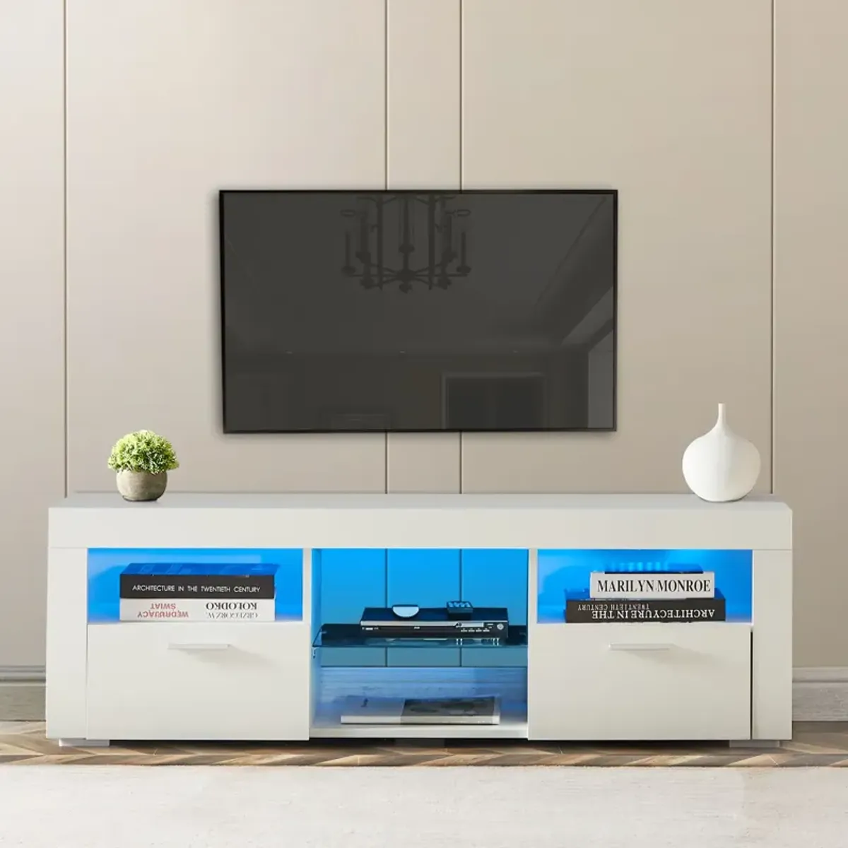 Hivvago Modern TV Console Storage Media TV High Gloss Organizing Cabinet with LED Light