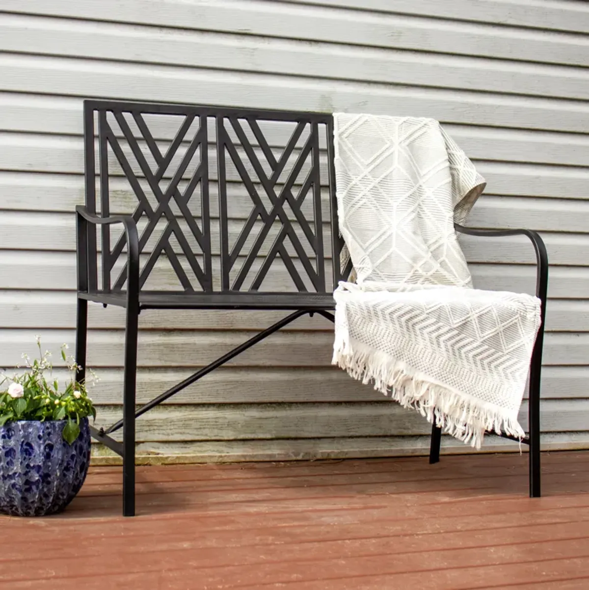 Sunnydaze 2-Person Geometric Lattice Iron Outdoor Garden Bench - Black