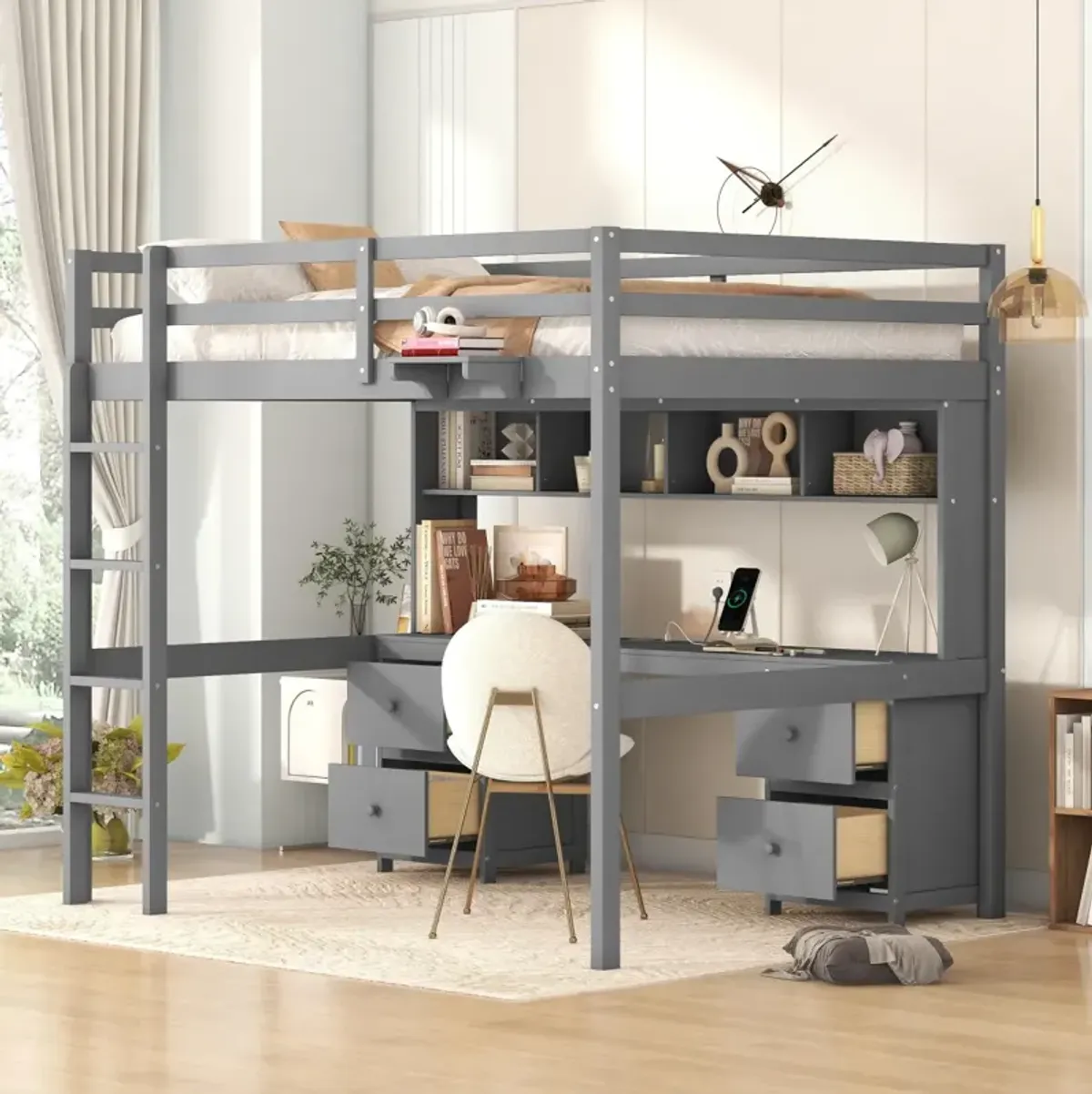 Full Size Loft Bed With Desk, Cabinets, Drawers And Bedside Tray, Charging Station