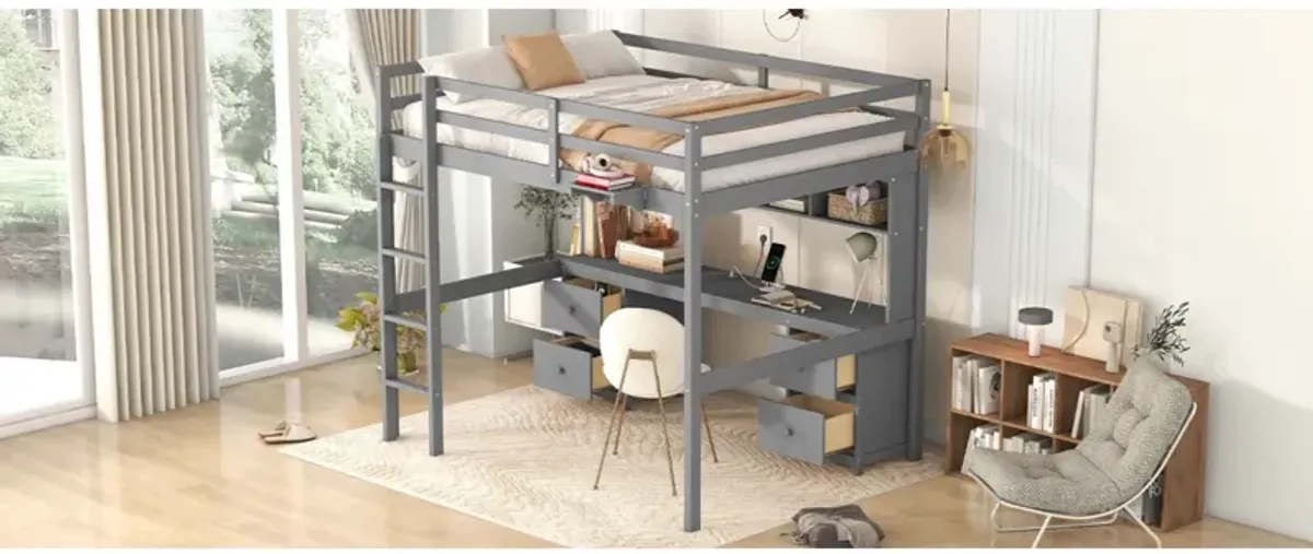 Full Size Loft Bed With Desk, Cabinets, Drawers And Bedside Tray, Charging Station