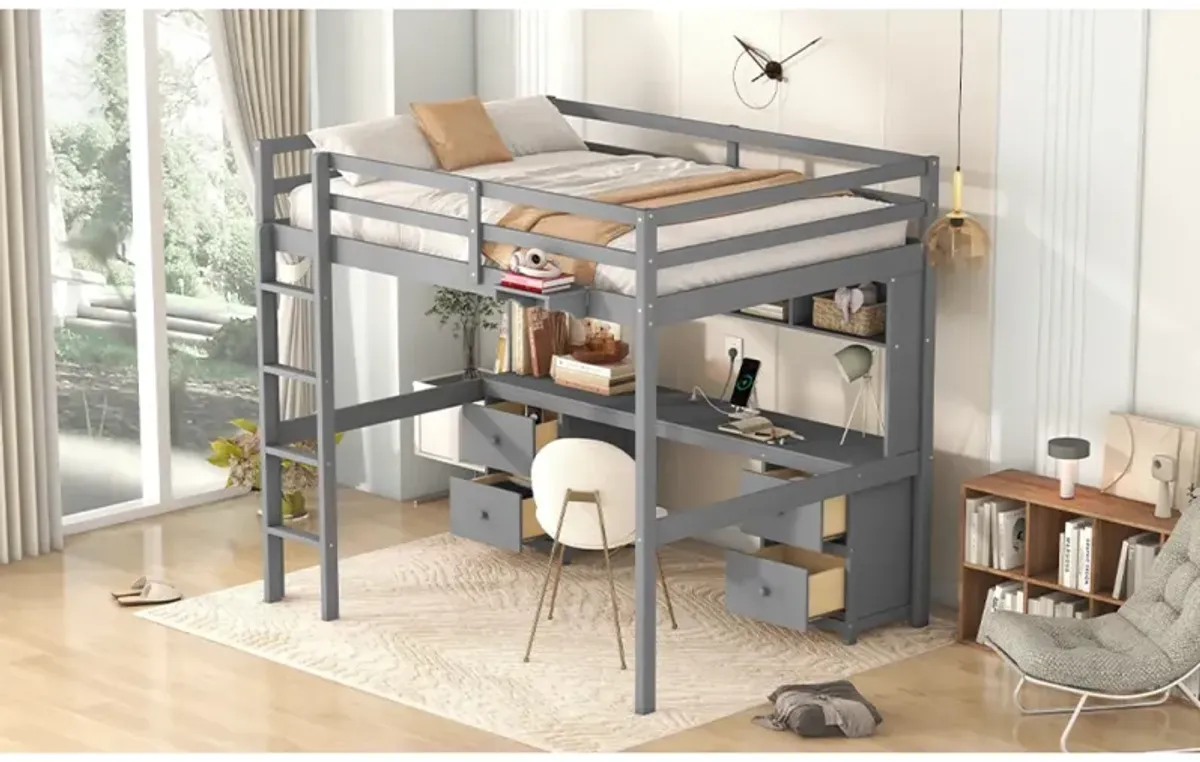 Full Size Loft Bed With Desk, Cabinets, Drawers And Bedside Tray, Charging Station