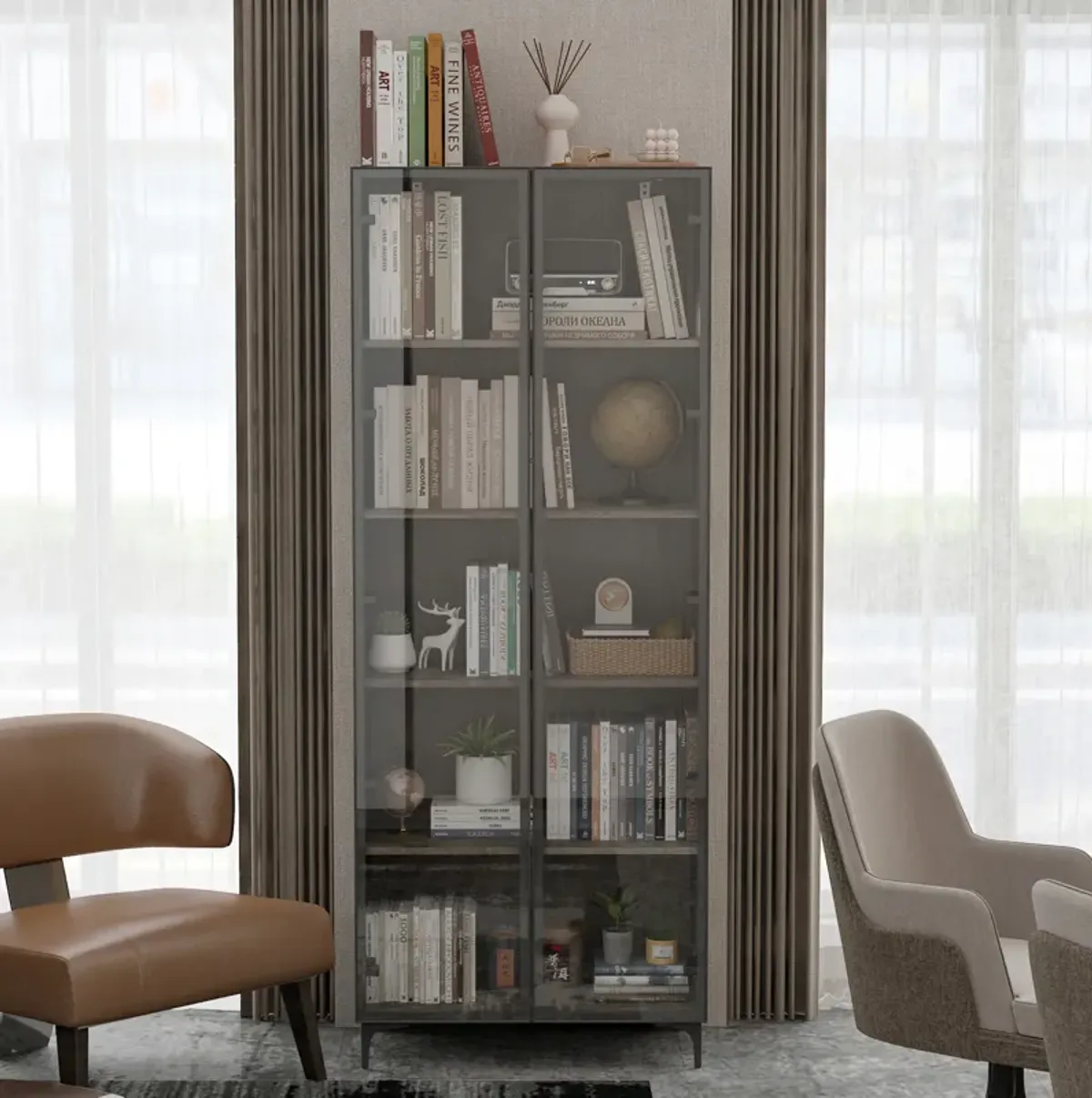 FUFU&GAGA Grey Mdf 5-Shelf Bookcase with Doors (27.6-in W x 72.4-in H x 13.8-in D),Grey