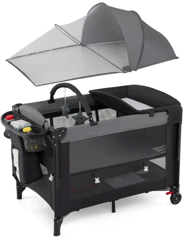 4-in-1 Foldable Bassinet with Height Adjustment, Changing Station & Soft Mattress