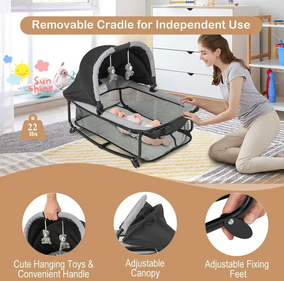 5-in-1 Portable Baby Playard with Cradle and Storage Basket