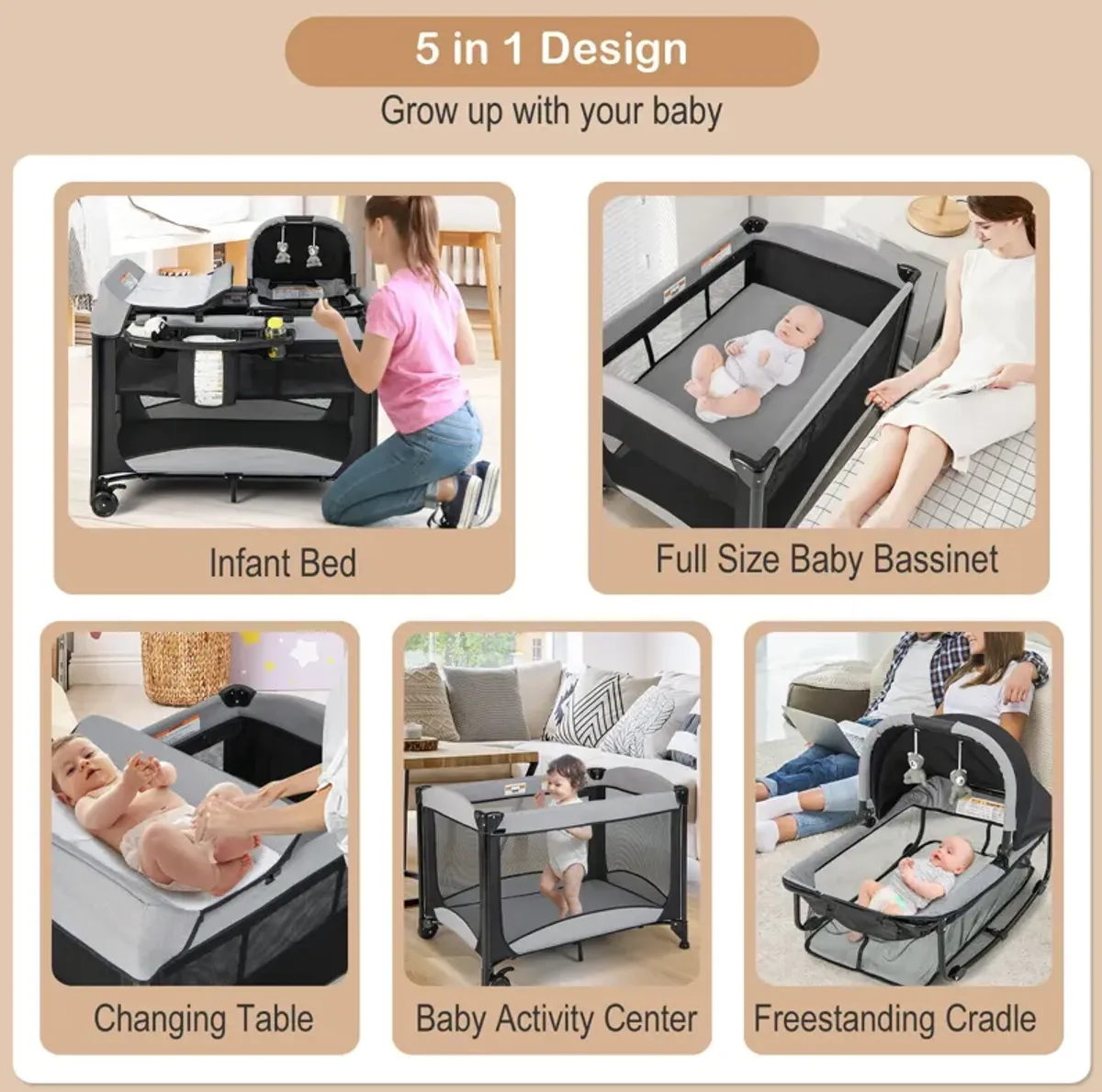 5-in-1 Portable Baby Playard with Cradle and Storage Basket