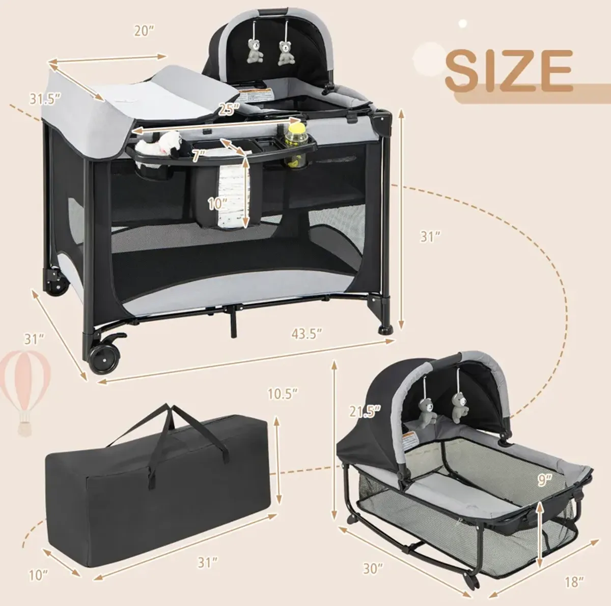 5-in-1 Portable Baby Playard with Cradle and Storage Basket