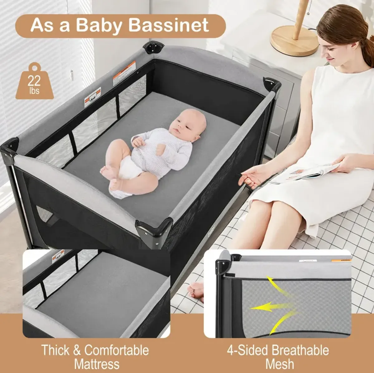 5-in-1 Portable Baby Playard with Cradle and Storage Basket