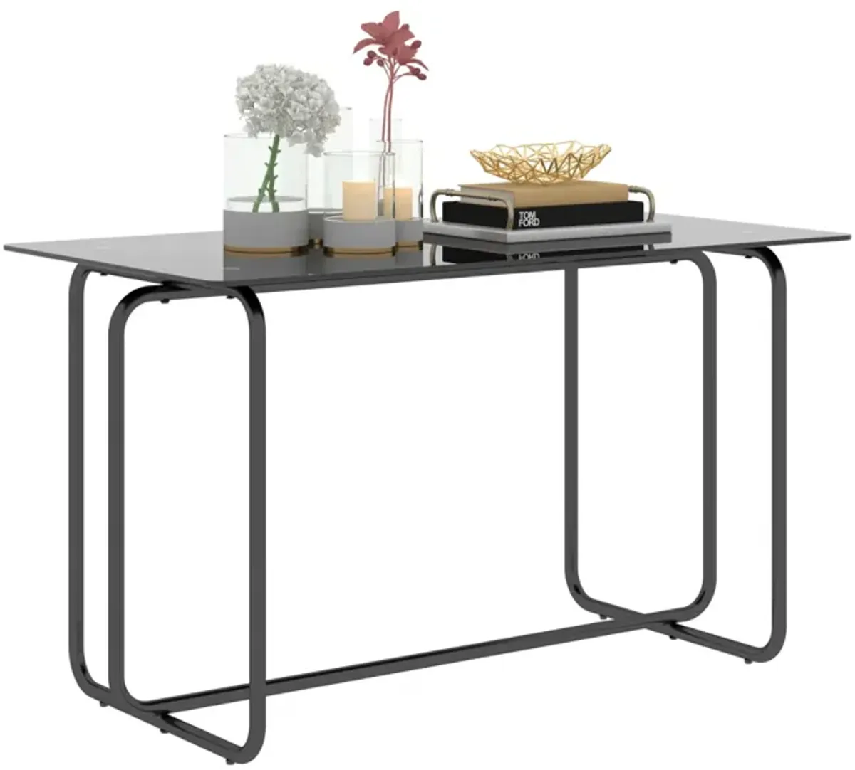 1-Piece Rectangle Dining Table With Metal Frame, Tempered Glass Dining Table For Kitchen Room, Black