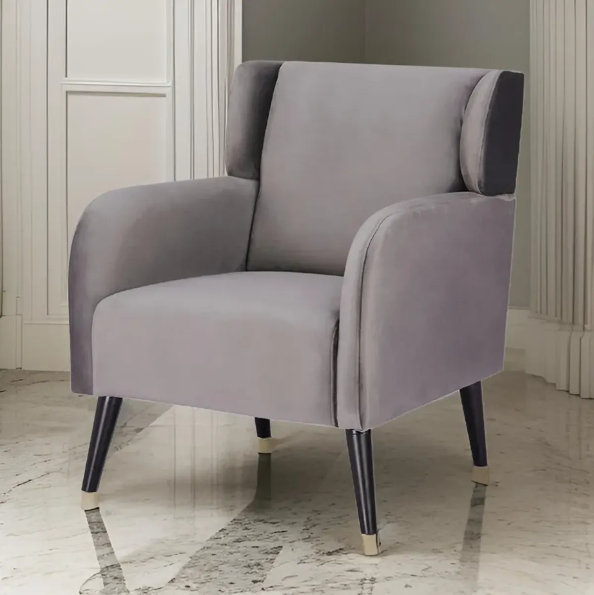 Kine 31 Inch Accent Armchair, Splayed Legs, Wood, Gray Fabric Upholstery - Benzara