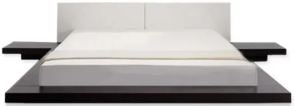 Todo King Size Platform Bed with Nightstands, White Upholstery, Black Oak - Benzara